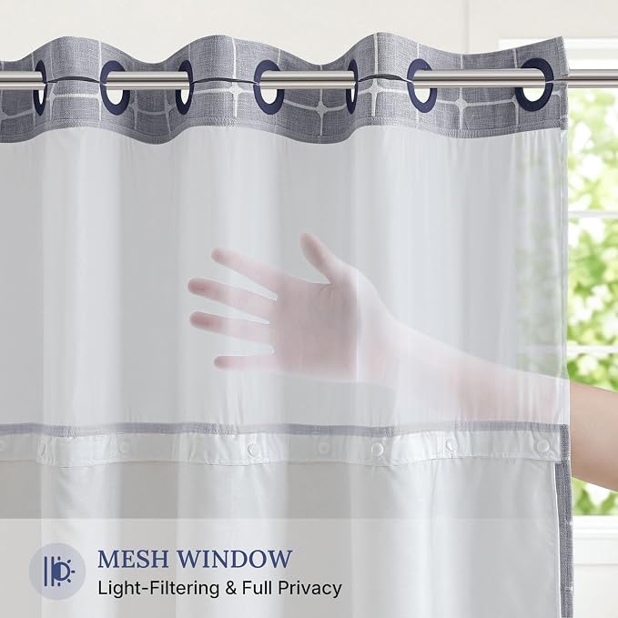River Dream Farmhouse No Hooks Shower Curtain with Snap-in Liner,Blue,71x74 | Snap on Fabric Liner,Heavy Duty,Quick Dry,Mesh Top Window,With Bottom Magnets,Washable,with Tassels,Standard Size