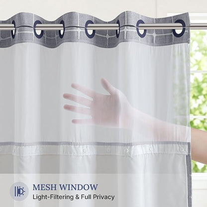 River Dream Farmhouse No Hooks Shower Curtain with Snap-in Liner,Blue,71x74 | Snap on Fabric Liner,Heavy Duty,Quick Dry,Mesh Top Window,With Bottom Magnets,Washable,with Tassels,Standard Size