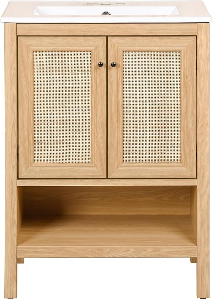 JONATHAN Y VAN1023A Jasper 24 in. W x 18 in. D x 33 in. H Rattan Modern Coastal 2-Shelf Bathroom Vanity Cabinet Only with Soft Closing Doors (Sink Basin Not Included), Oak