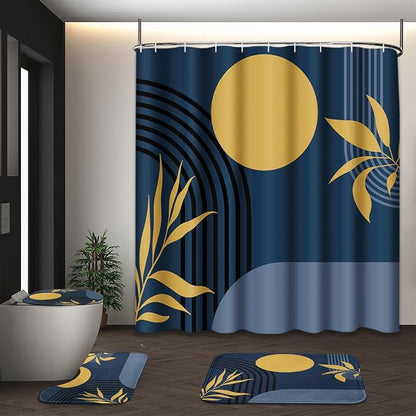 Boho Bathroom Sets with Shower Curtain and Rugs, 4 Pcs, Abstract | Geometric Minimalist Modern Bathroom Decor Set with Toilet Lid Cover, Non-Slip Bath Mats and Accessories 12 Hooks
