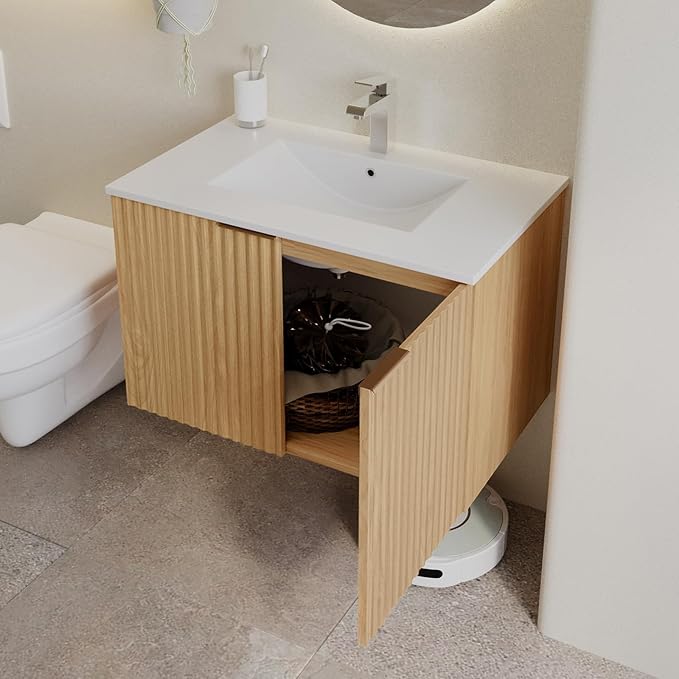 Modern Bathroom Vanity with Sink, Floating Wall Mount Cabinet with Wavy Textured Doors, Waterproof Storage for Small Bathroom, Soft-Close Design, Nature Wood (30")