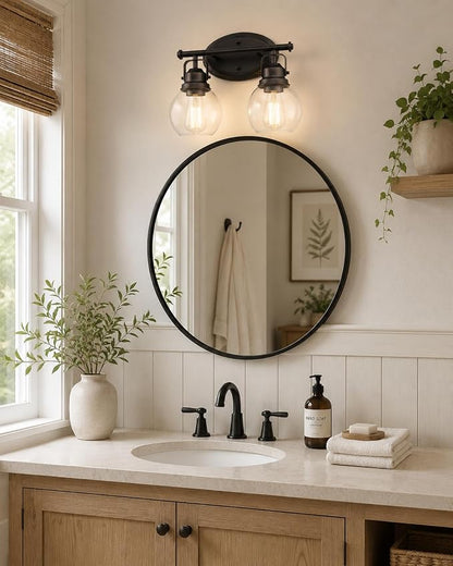 Farmhouse Vintage Bathroom Light Fixtures, 2-Light Wall Mount Lighting Sconce Over Mirror, Oil Rubbed Bronze Vanity Lights with Globe Clear Glass, AD-2147-2W