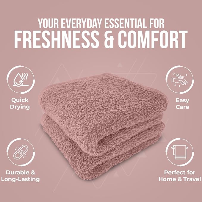 DAN RIVER 24 Pack Cotton Wash Cloths Set for Showering [12x12] Dusty Pink | Lighter Weight, Quick to Dry, Super Soft & Absorbent Face Towels, Hotel Quality, Perfect for Bathroom, Gym, Spa