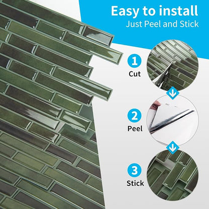 Art3d Peel and Stick Stone Design Wall Tile, 12 x 12 Inch, 10-Sheet, Green | Moisture Resistant, Strong Adhesive, Sturdy, Cleanable, Easy to Install, for Kitchen, Laundry Room, Ideal for New Home Buyers
