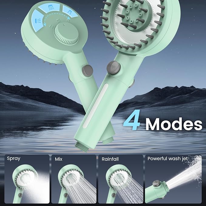 Filtered Shower Head with Handheld, High Pressure Showerhead with Filters | 4 Spray, ON/OFF Button for Pets, Detachable Shower Heads with Water Softener Filter Beads for Hard Water- Remove Chlorine