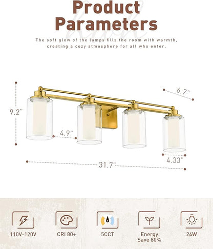 HWH 4-Light Bathroom Vanity Light, Brushed Gold, 5CCT, 5HLT63B-4W-LED BG | Clear Glass, Dimmable, 24W, Vanity Lights for Bathroom, Brass Wall Light Fixtures, Vanity Lights for Mirror, For Bedroom