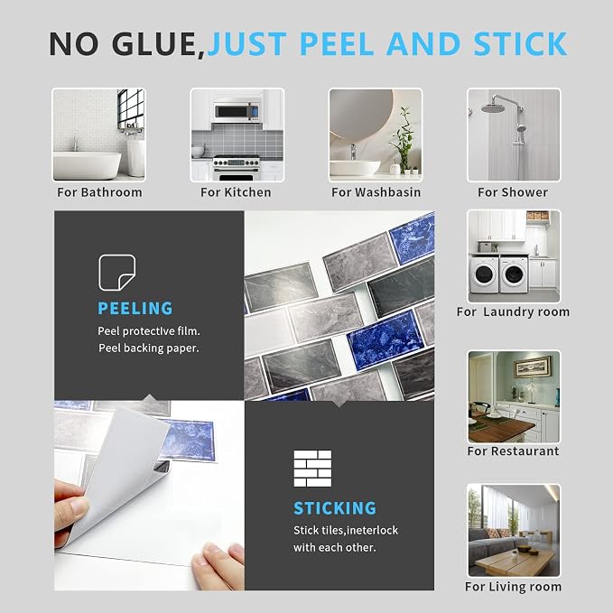 URCOLOR 10-Sheet Peel and Stick Backsplash Tiles Subway for Kitchen,12"x12" Self Adhesive Wall Tile Sticker on Back Splashes for Bathroom Grey Blue Marble Design