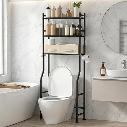 3-Tier Over Toilet Storage with 2 Basket & Anti-Tilt System - 150lb Total Capacity Metal Bathroom Shelves Including Paper Holder & 4 Hooks, Space Saving Above Commode Organizer (64" H, Black)