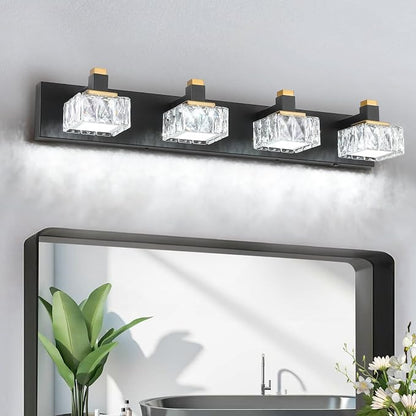 Bathroom Vanity Lights Over Mirror,4-Light Dimmable 5CCT Led Vanity Lights Black Gold Crystal Wall Sconce Lighting 29.92 inches Modern Vanity Light for Bathroom,Bedroom,Living room(3000K-6000K）