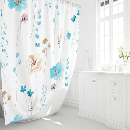 Light Blue Beige Watercolor Floral Fabric Shower Curtain, 72x72 | Waterproof Fabric, Modern Minimalist Floral Print, Machine Washable, Rustproof Grommets, for Bathroom