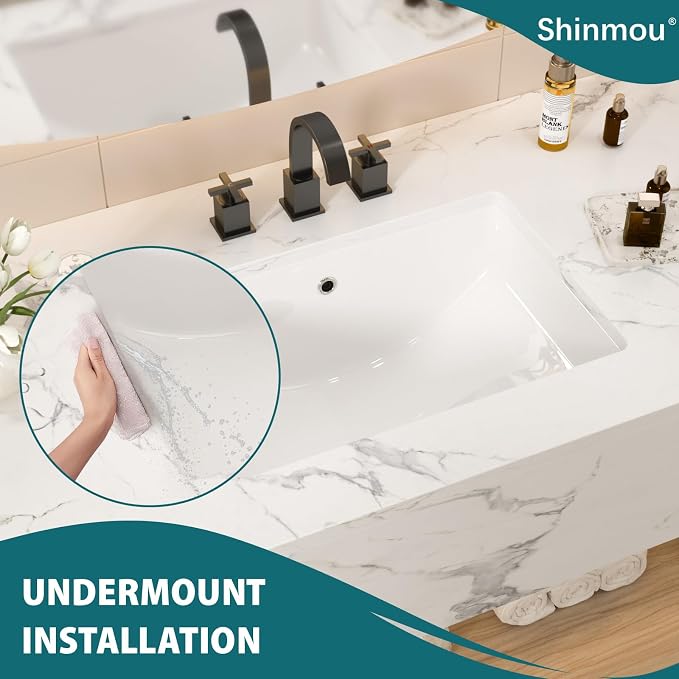 White Ceramic 21"x14" Undermount Bathroom Lavatory Sink | Rectangle under counter white bathroom vessel sink for bathroom