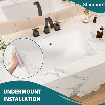White Ceramic 21"x14" Undermount Bathroom Lavatory Sink | Rectangle under counter white bathroom vessel sink for bathroom