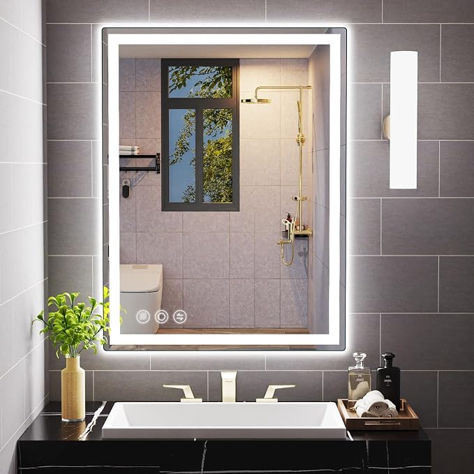 28" x 36" LED Bathroom Mirror with Lights, Memory Vanity Mirror | Anti-Fog, 3 Color Modes, Dimmable, Front Lit, Memory Function, Tempered Glass, Lighted Bathroom Mirror for Wall