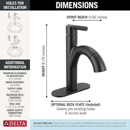 Delta Nicoli 1 Hole Matte Black Bathroom Faucet with Sprayer, Single Hole Bathroom Sink Faucet with Pull Out Sprayer for Vanity, Push-Pop Drain, Matte Black 15749LF-BLPD
