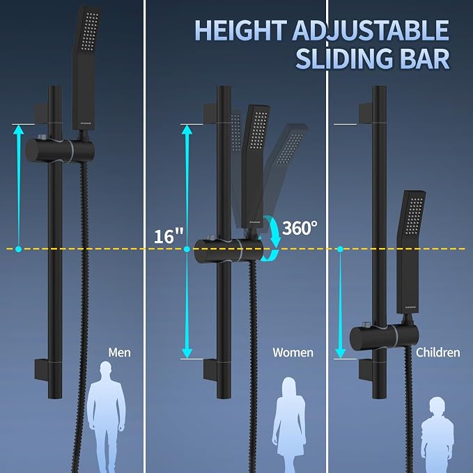 SR SUN RISE 10 Inch Square Shower System with Slide Bar,Matte Black | Rain Head and Handle System,16" Adjustable Shower Slide Bar,Soild Brass,Wall Mount,Included Valve and Trim Kit