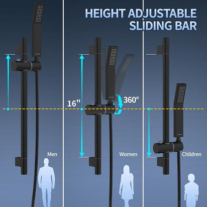 SR SUN RISE 10 Inch Square Shower System with Slide Bar,Matte Black | Rain Head and Handle System,16" Adjustable Shower Slide Bar,Soild Brass,Wall Mount,Included Valve and Trim Kit