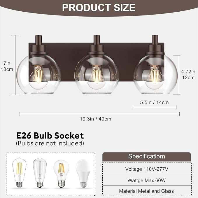 IZORRO Bathroom Light Fixtures, 3-Light Oil Rubbed Bronze Vanity Light, Modern Wall Sconces with Globe Clear Glass Shade, Vanity Lighting Fixtures Over Mirror,E26 Bulb Socket