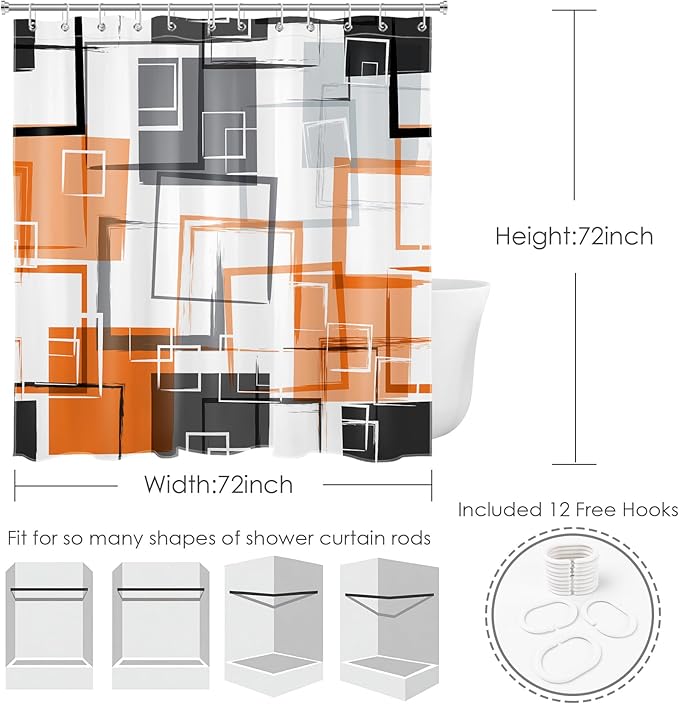 Orange Geometric Modern Shower Curtain for Bathroom Decor,Grey Black and White Abstract Striped Shower Curtain with Hooks Mid Century Minimalist Bathroom Shower Curtain Set,72L X 72W inches