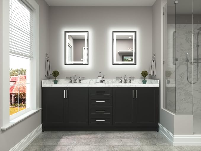 20 x 28 Bathroom LED Mirror Brushed Black Metal Frame Frontlit & Backlit Vanity Mirror Anti-Fog Stepless Dimmable 3 Colors White/Warm/Natural Mirror with Lights Wall-Mounted
