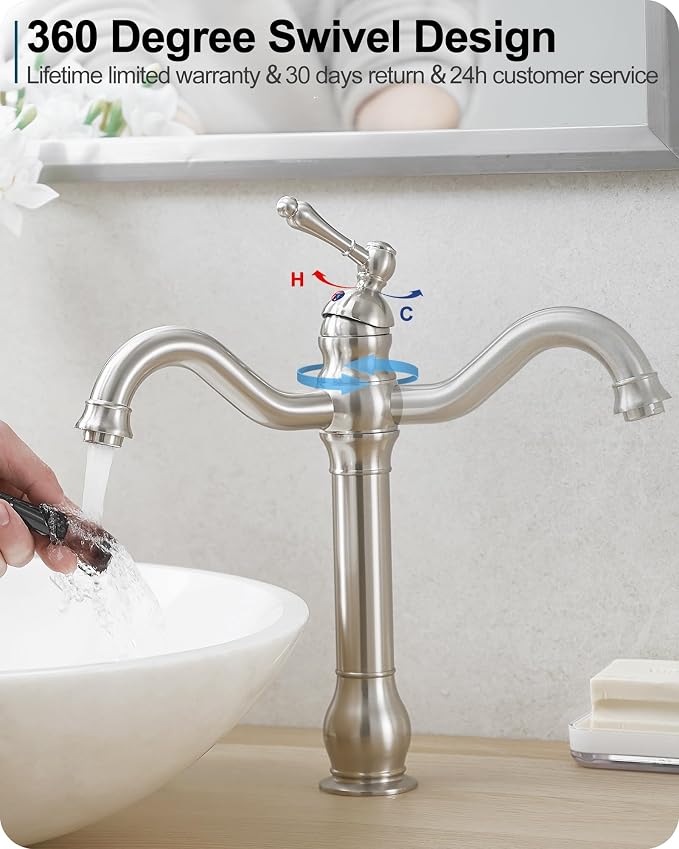 Single Handle Bathroom Faucet Brushed Nickel, Brass Vessel Sink Faucet 360 Degree Swivel Tall Bathroom Sink Faucet 1 Hole, Bathroom Faucets with Pop-up Drain & Aerator for Hotels Modern No Noise