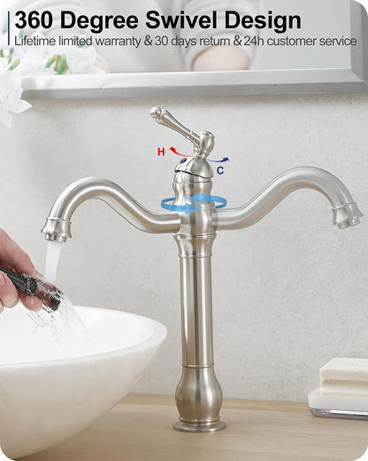 Single Handle Bathroom Faucet Brushed Nickel, Brass Vessel Sink Faucet 360 Degree Swivel Tall Bathroom Sink Faucet 1 Hole, Bathroom Faucets with Pop-up Drain & Aerator for Hotels Modern No Noise