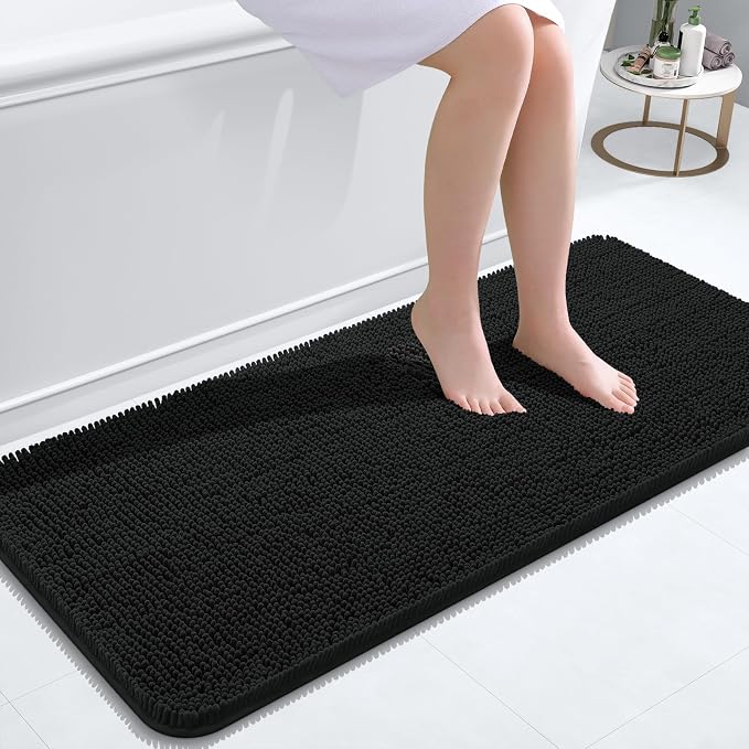 OLANLY Bathroom Runner Rugs 47x20, Extra Soft Absorbent Chenille Bath Rugs | Black, Quick-Drying Rubber Backing, Machine Washable Long Bath Mat for Bathroom Floor, Tub and Shower, Home Decor Accessories