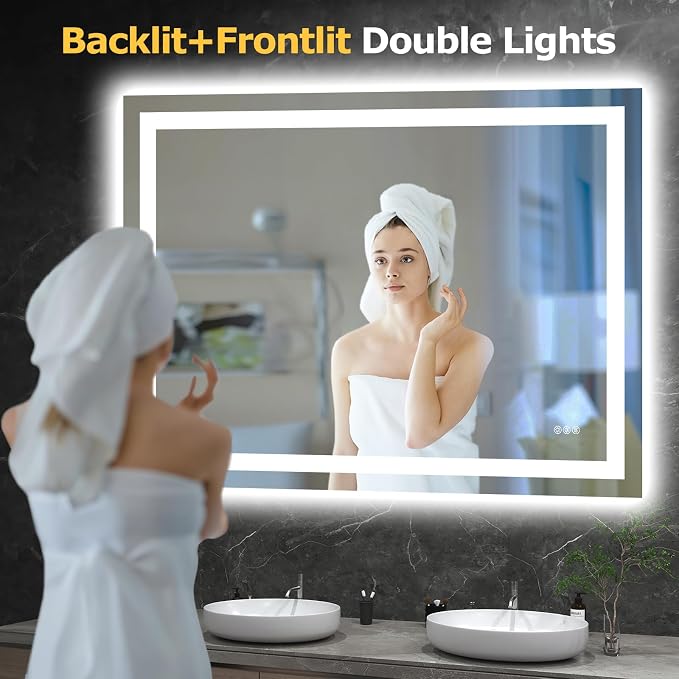 Hivone 48"X36" LED Bathroom Mirror with Lights, Anti-Fog, Dimmable, Backlit + Front Lit, Smart Bathroom Vanity Mirror, Memory Function, Shatterproof, Tempered Glass (Horizontal/Vertical)