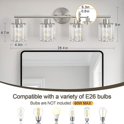 Crystal Bathroom Light Fixtures, Bathroom Lighting Fixtures Over Mirror, Modern 4-Light Brushed Nickel Vanity Lights for Mirror, Restroom, Kitchen(Ceramic E26 Socket,Bulbs Not Include)