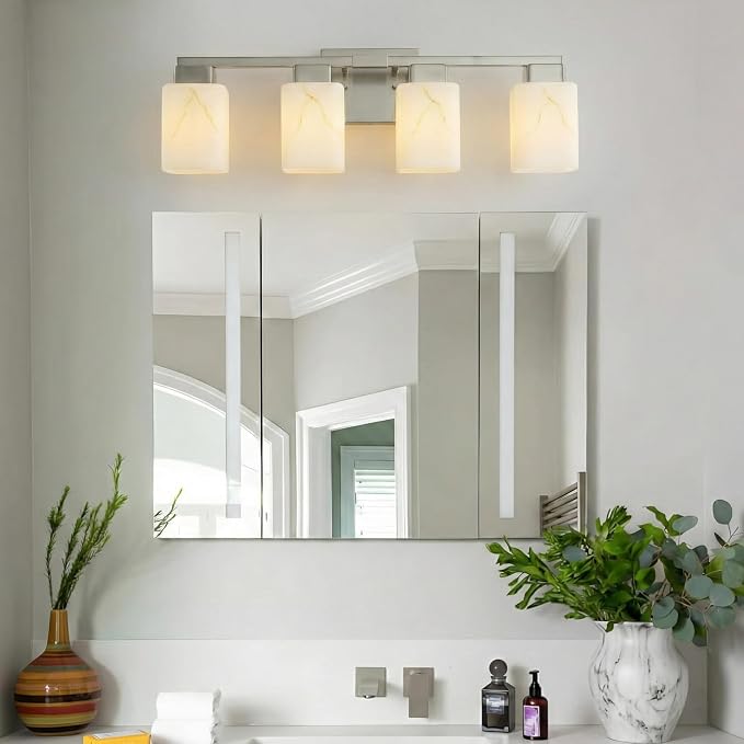 4-Light Square Bathroom Light Fixture, Brushed Nickel Modern Vanity Light with White Marble Glass Shade, for Bathroom Mirror, Living Room, Bedroom, Hallway, E26 Base