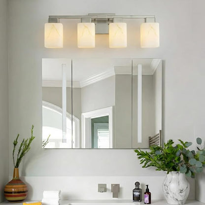 4-Light Square Bathroom Light Fixture, Brushed Nickel Modern Vanity Light with White Marble Glass Shade, for Bathroom Mirror, Living Room, Bedroom, Hallway, E26 Base