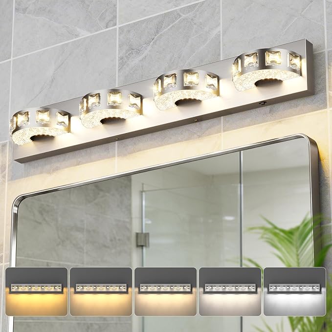 Modern Bathroom Vanity Lights 29.1 inch 32W 5 Color Temperature Brushed Nickel (4-Light,Dimmable) Crystal Bathroom Light Fixtures for Bathroom Mirror Restroom-ETL Certificated