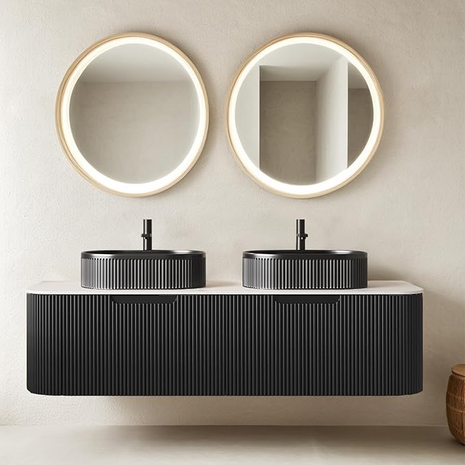 60" Floating Bathroom Vanity with Double Sink, Modern Wall-Mounted Bathroom Vanities with Marble Countertop and Oval Ceramic Sink, Soft-Close Design, Natural Solid Wood Cabinet, Pre-Assembled, Black