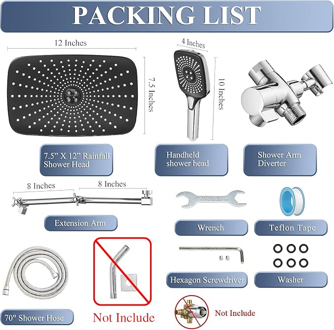 Shower Head with Handheld, 12 Inch Dual Shower Head with Extention Arm, High Pressure Rain Shower Heads, Rainfall Waterfall Showerhead with 3-Way Diverter - Height/Angle Adjustable(Chrome)