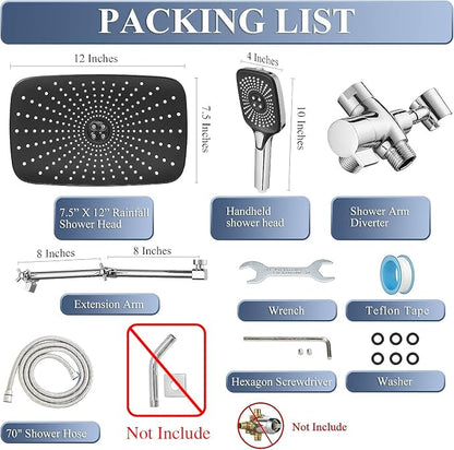 Shower Head with Handheld, 12 Inch Dual Shower Head with Extention Arm, High Pressure Rain Shower Heads, Rainfall Waterfall Showerhead with 3-Way Diverter - Height/Angle Adjustable(Chrome)