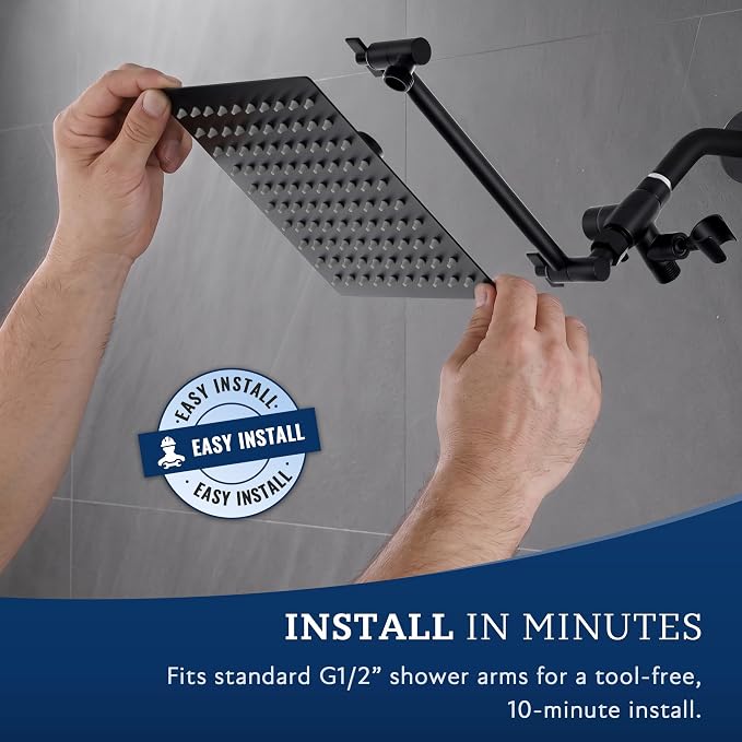 G-Promise All Metal 10" Dual Square Shower Head Combo | Rain Shower Head | Handheld Shower Wand | Adjustable | 3-Way Diverter | 71" Extra Long Hose - A Bathroom Upgrade (Matte Black) | Built to Last, Easy Install, Adjustable Height & Angle for All Heig...