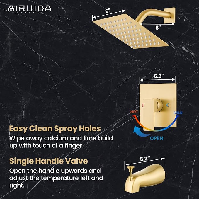 Airuida 6 Inch Shower Faucet Set,Bathtub Faucet Kit,Brushed Gold | Shower Tub Faucet Set,Male Threads Rough-In Valve,Square Head Shower System