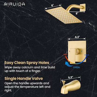 Airuida 6 Inch Shower Faucet Set,Bathtub Faucet Kit,Brushed Gold | Shower Tub Faucet Set,Male Threads Rough-In Valve,Square Head Shower System