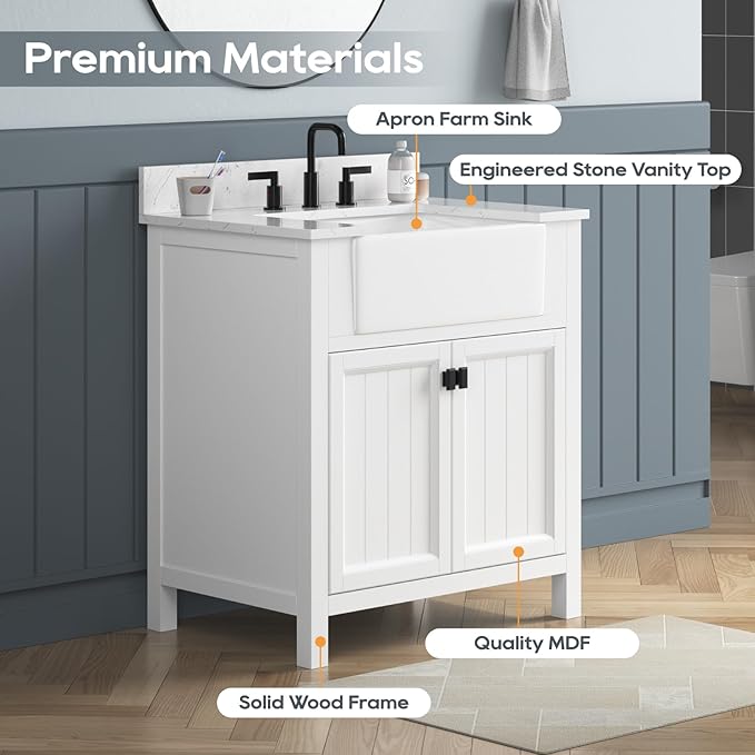 30 Inch Bathroom Vanity with Sink, Small Bathroom Vanity with Apron Farm Sink, Modern Bathroom Storage Cabinet with Soft-Closing Doors, Solid Wood Frame, Adjustable Feet, White