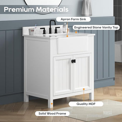 30 Inch Bathroom Vanity with Sink, Small Bathroom Vanity with Apron Farm Sink, Modern Bathroom Storage Cabinet with Soft-Closing Doors, Solid Wood Frame, Adjustable Feet, White