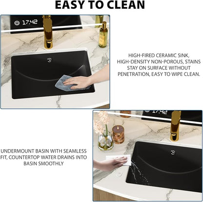 Black Undermount Bathroom Sink 18"x14"Ceramic Basin | Modern Porcelain Under Counter Bathroom Vanity Sink, Interior Bowl 16.3"x 16.9", Rectangular Undermount Basin with Overflow