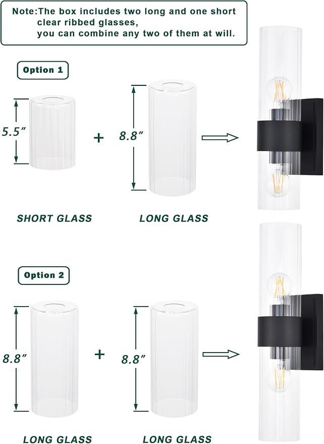 Textured Black Modern Bathroom Sconces Wall Lighting with Clear Ribbed Glass, Brushed Nickel 2-Light Bathroom Vanity Light Fixtures for Mirror Living Room Hallway Bedroom