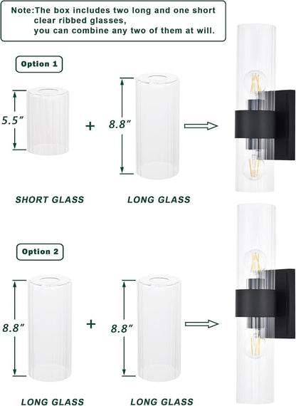 Textured Black Modern Bathroom Sconces Wall Lighting with Clear Ribbed Glass, Brushed Nickel 2-Light Bathroom Vanity Light Fixtures for Mirror Living Room Hallway Bedroom