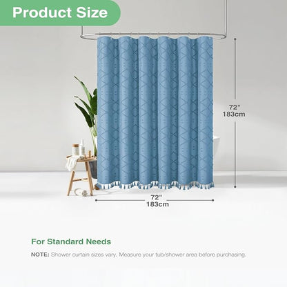 Boho Shower Curtain Tufted Geometric 72"x72" Moonlight Blue | Elegant Tassel, Soft Lightweight Textured Fabric, Water Repellent, Washable, Hotel Spa, for Bathroom/Dorm/Apartment 12 Hooks
