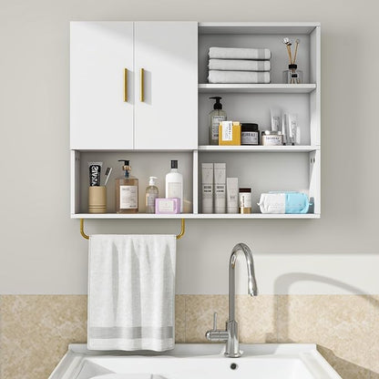 Bathroom Wall Cabinet Wood Large Wall Mounted Medicine Cabinet with 2 Doors and 4 Open Shelves Over Toilet Storage Cabinet Organizer with Towel Bar,White