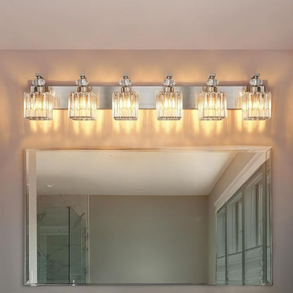 Modern Bathroom Vanity Light, 6-Light Nickel Bathroom Lighting Fixtures Over Mirror, 44.1" Crystal Wall Light Sconce for Bathroom/Bedroom/Vanity, Includes LED Bulbs, Easy Installation