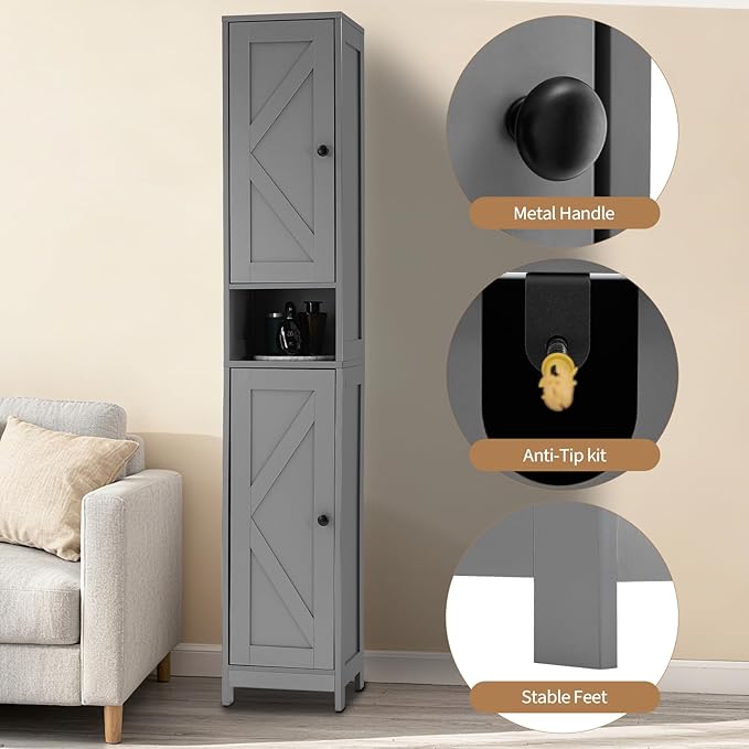 GarveeHome Tall Narrow Bathroom Cabinet, 66.9" Small Skinny Bathroom Storage Cabinet for Small Spaces | Freestanding Water Resistant Organizer for Bathroom, Kitchen, Hallway (2 Doors, Grey)