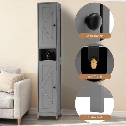 GarveeHome Tall Narrow Bathroom Cabinet, 66.9" Small Skinny Bathroom Storage Cabinet for Small Spaces | Freestanding Water Resistant Organizer for Bathroom, Kitchen, Hallway (2 Doors, Grey)