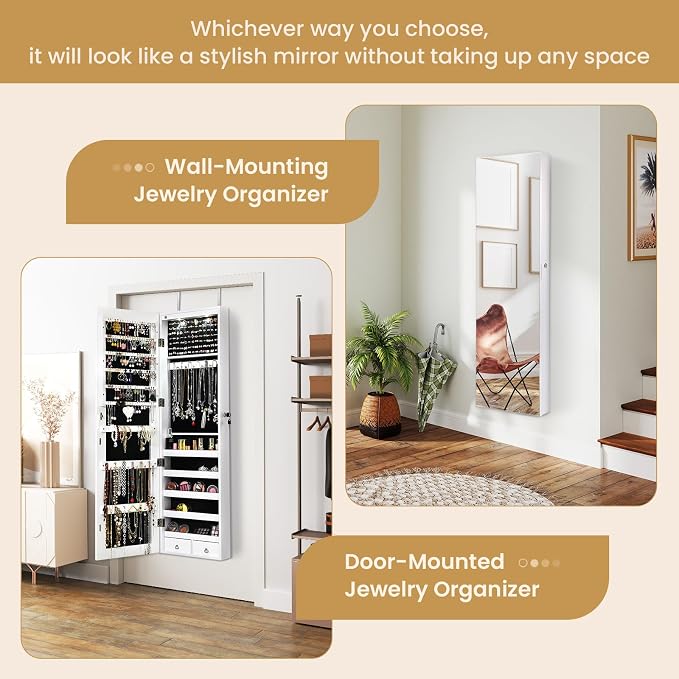 NAFORT 2 LEDs Mirror Jewelry Armoire, 47.5" H Door or Wall Mounted Jewelry Cabinet with Frameless Mirror, Lockable Jewelry Storage Box, Hanging Jewelry Organizer with 2 Drawers, White