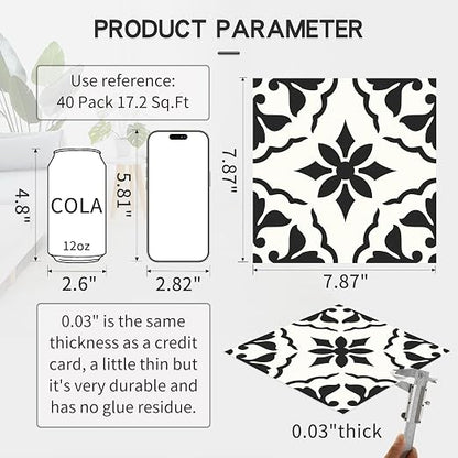 MORCART 40PCS 7.87" x 7.87" Peel and Stick Floor Tile, Black Retro Design | Self-Adhesive DIY Vinyl Flooring, Removable and Waterproof Tile Sticker for Bathroom, Kitchen, Wall, Bedroom, Stairs