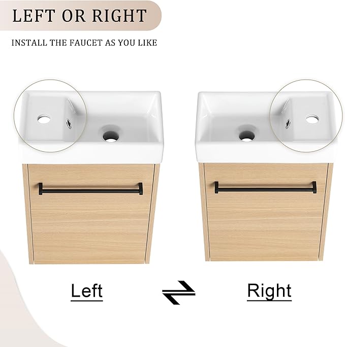 KEIKI 16'' Bathroom Vanity Cabinet with Sink, Wall Mounted Floating Bathroom Vanity with Soft-Close Cabinet Door, for Small Bathroom, Light Oak